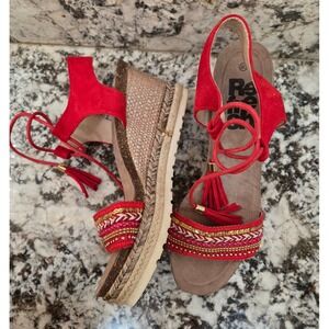 Refresh Red Boho Beaded Espadrille Wedge Sandals Ankle Tie Tassel  40 EU 9.5 US